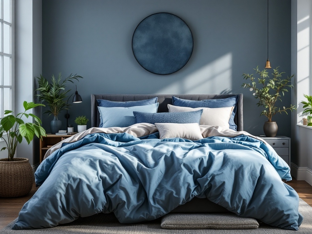 A cozy blue and gray bedroom with a comfortable bed, decorative pillows, and plants.