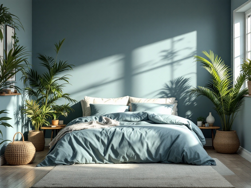 A cozy blue bedroom featuring plants, soft bedding, and natural light.