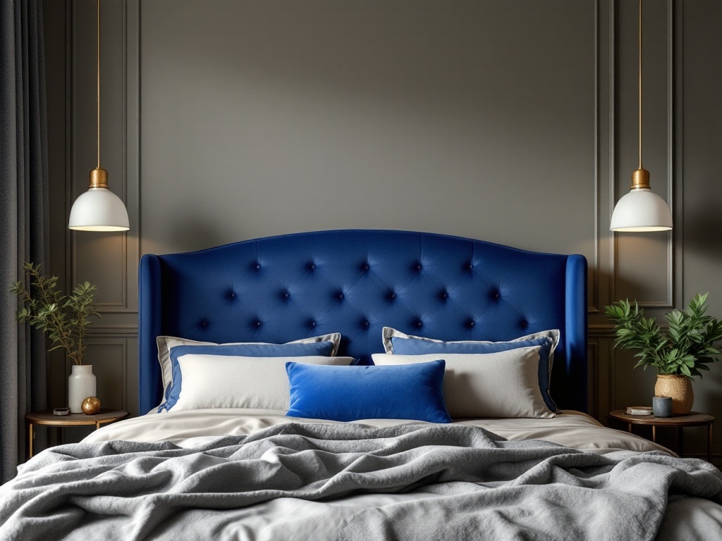 Cozy blue bedroom featuring a blue velvet upholstered headboard with tufted design, gray walls, and soft bedding.