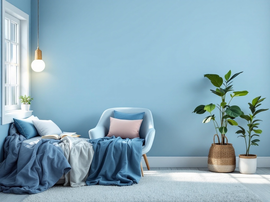 A cozy reading nook with a blue wall, comfortable chair, soft blankets, and plants.