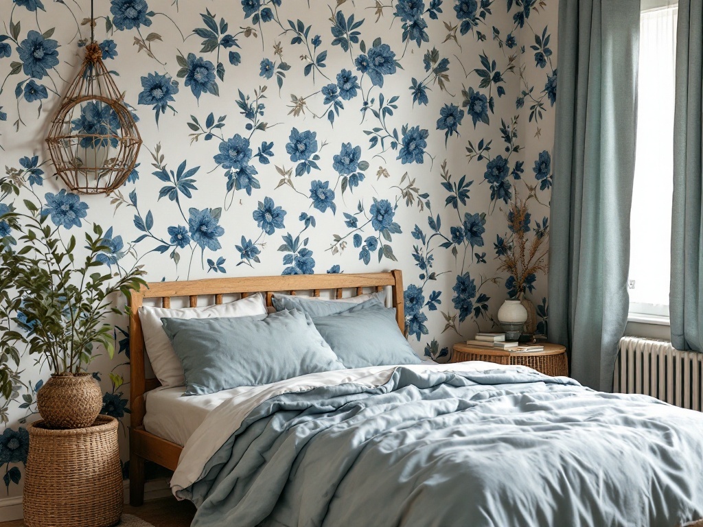 Cozy blue bedroom with floral wallpaper, wooden bed, and soft bedding.