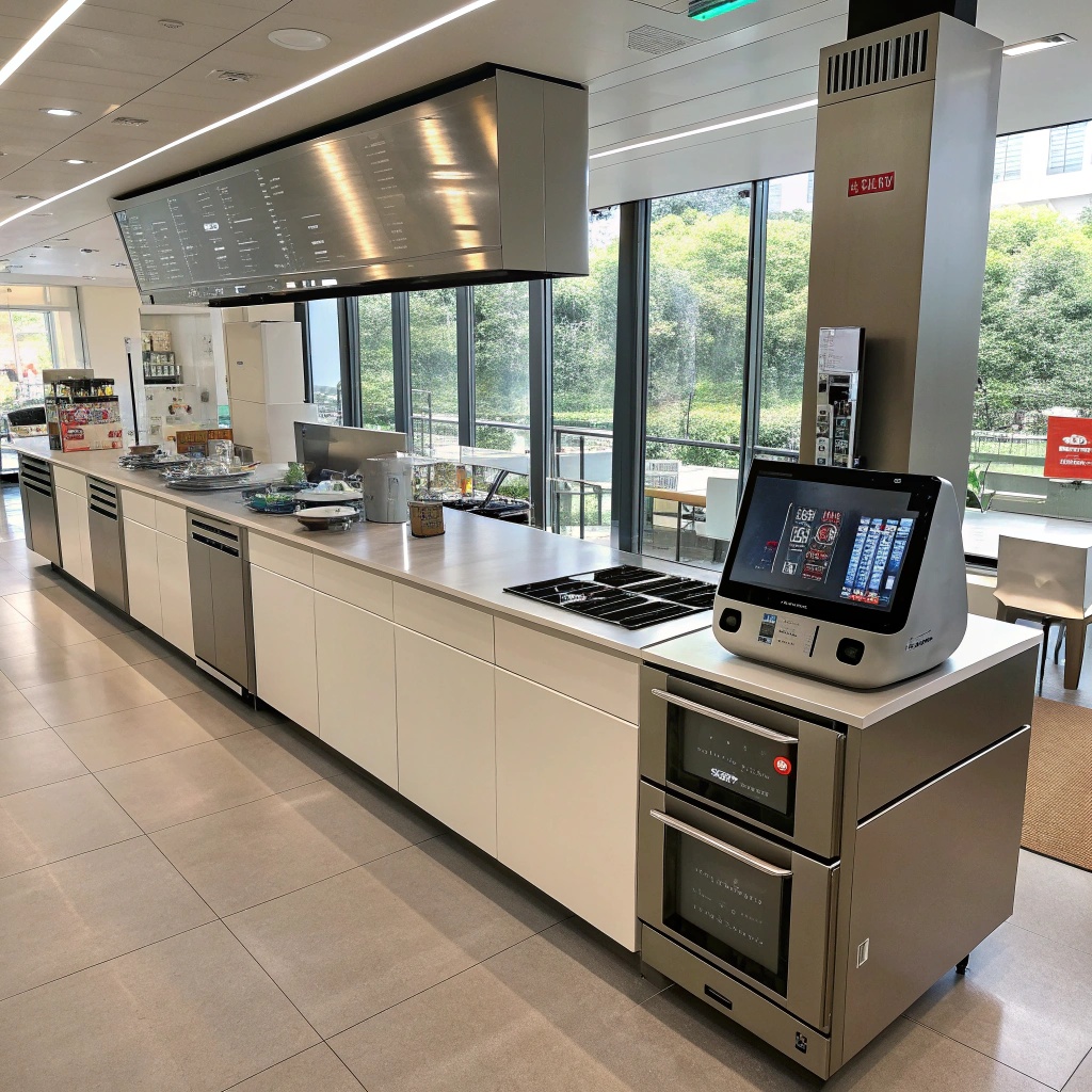 Modern kitchen with smart technology integration, featuring blue lighting and high-tech appliances.