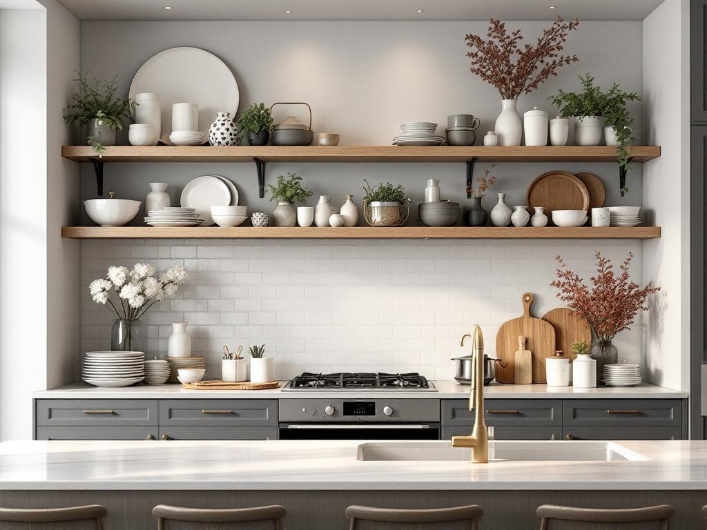 A modern kitchen with open shelving displaying dishes and decorative items.