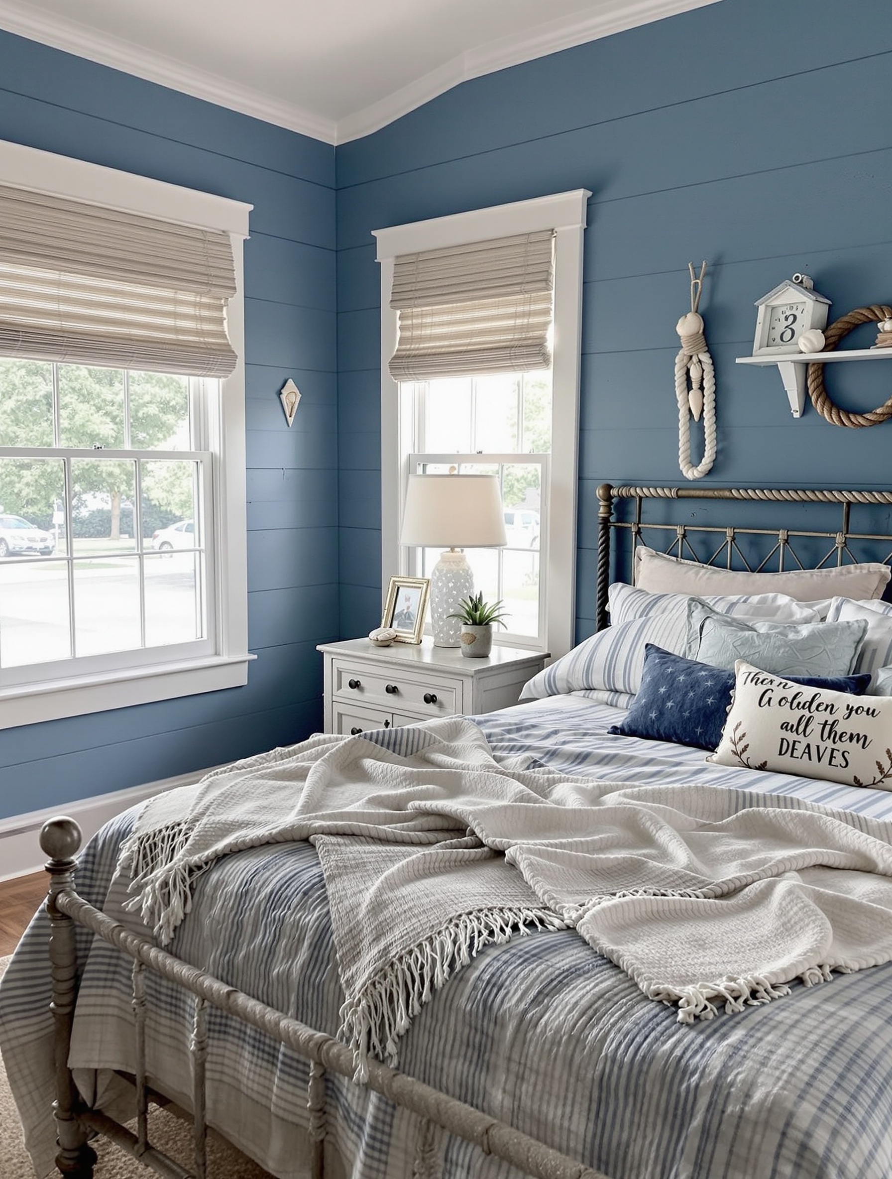 A cozy blue bedroom with nautical decor, featuring blue walls, seashells, and a pendant lamp.