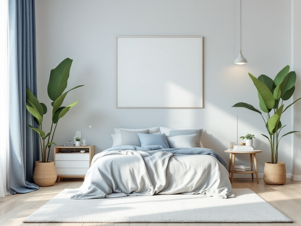 Cozy blue and white bedroom with plants and natural light