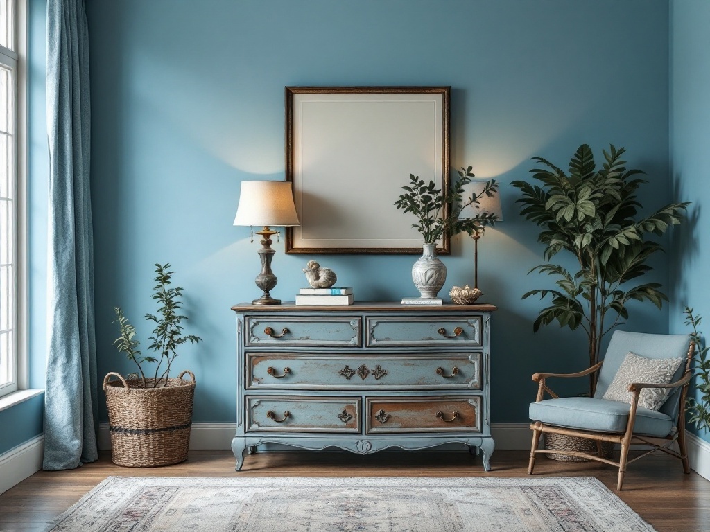 A cozy blue bedroom featuring a vintage dresser, soft lighting, and plants.