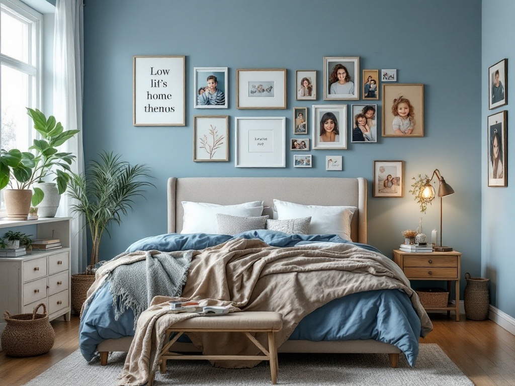 A cozy blue bedroom with framed photos on the wall, soft bedding, and plants.