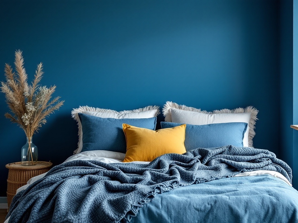 Cozy blue bedroom with layered textiles, featuring a bed with blue and yellow pillows and a throw blanket.