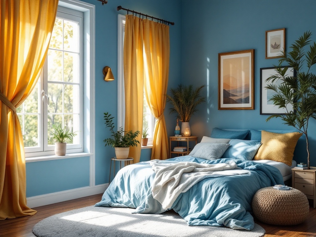 A cozy blue bedroom featuring yellow curtains, blue walls, and a comfortable bed with decorative pillows.