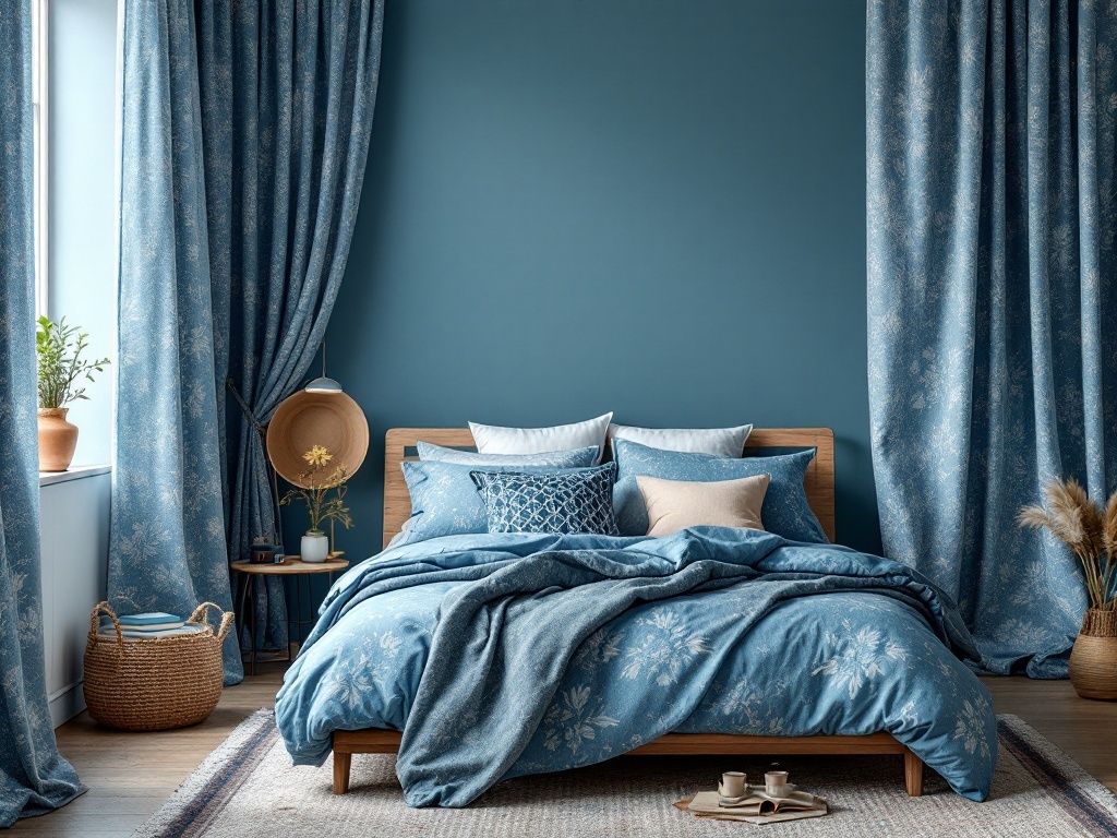 Cozy blue bedroom with patterned curtains and bedding
