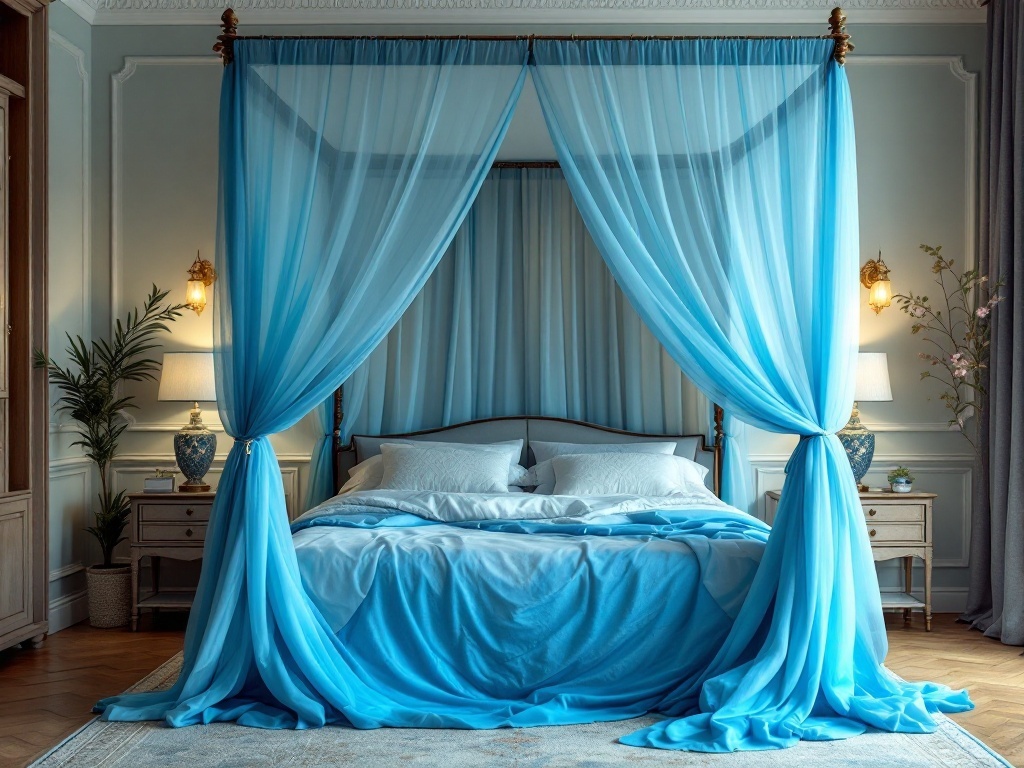 A cozy blue canopy bed with soft drapes, plush bedding, and stylish decor.
