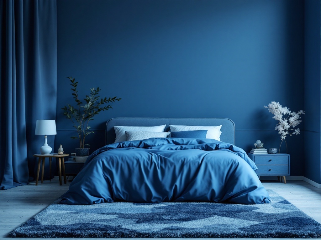 Cozy blue bedroom with a plush area rug, blue walls, and bedding