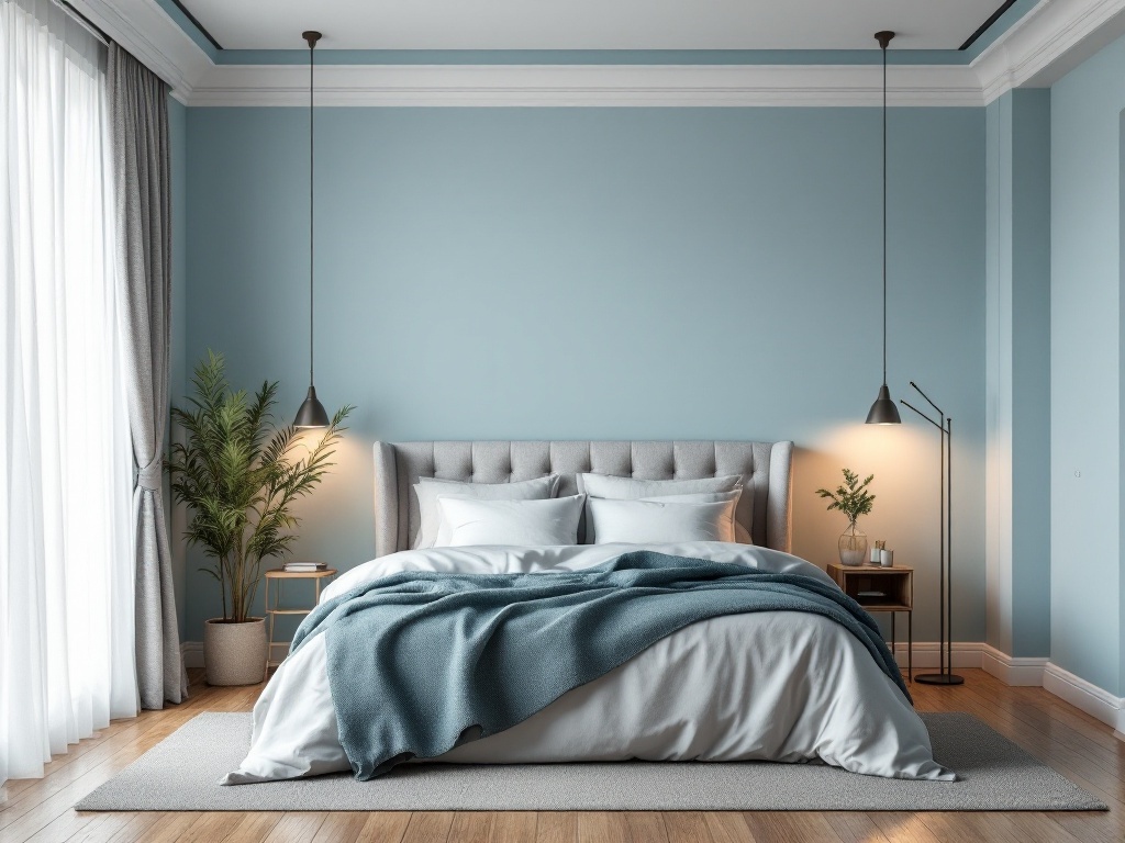 A cozy bedroom featuring soft blue accent walls, a comfortable bed with a blue throw blanket, and natural light from large windows.