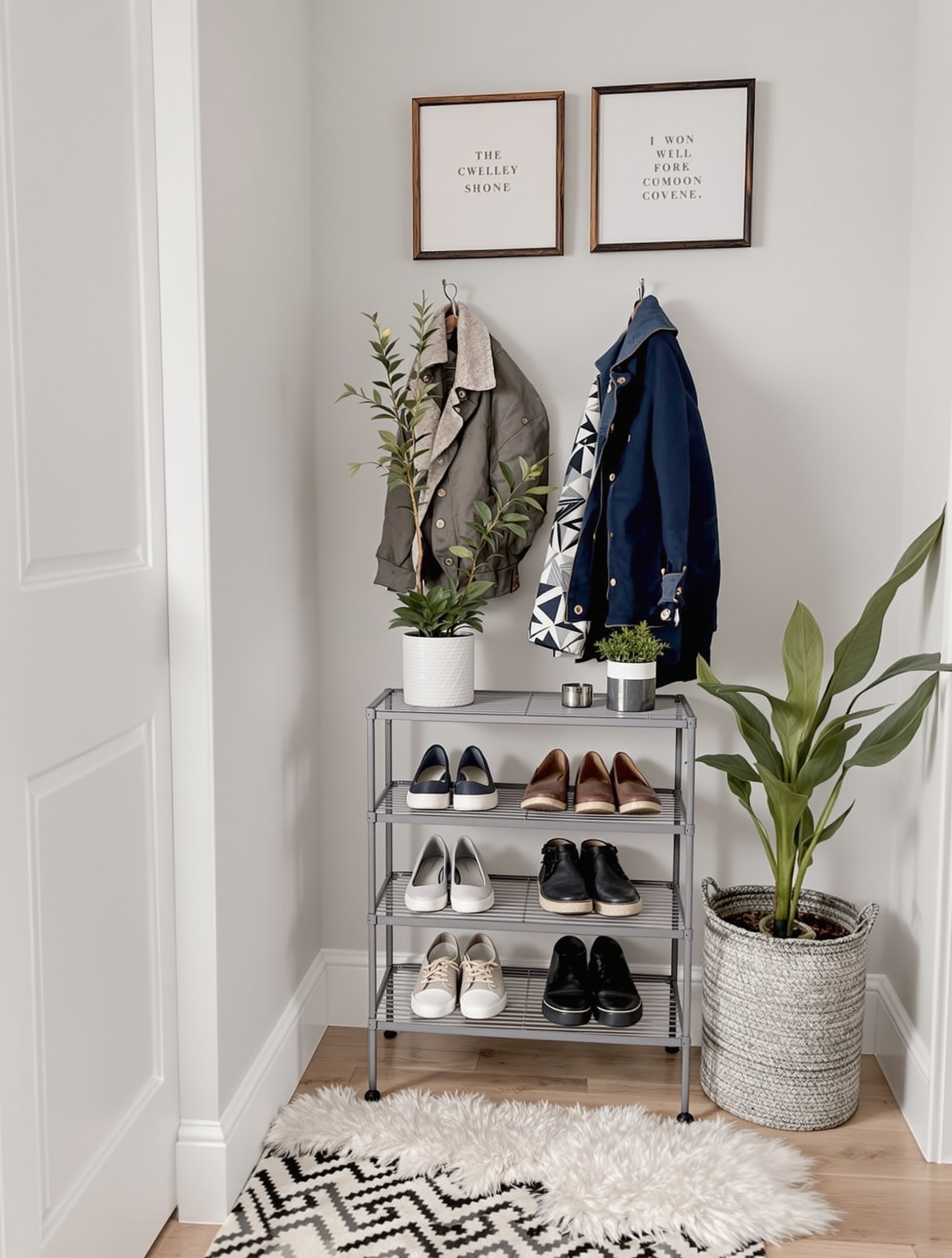 A compact entryway featuring a shoe rack with various shoes, a plant, hanging jackets, and framed quotes on the wall.