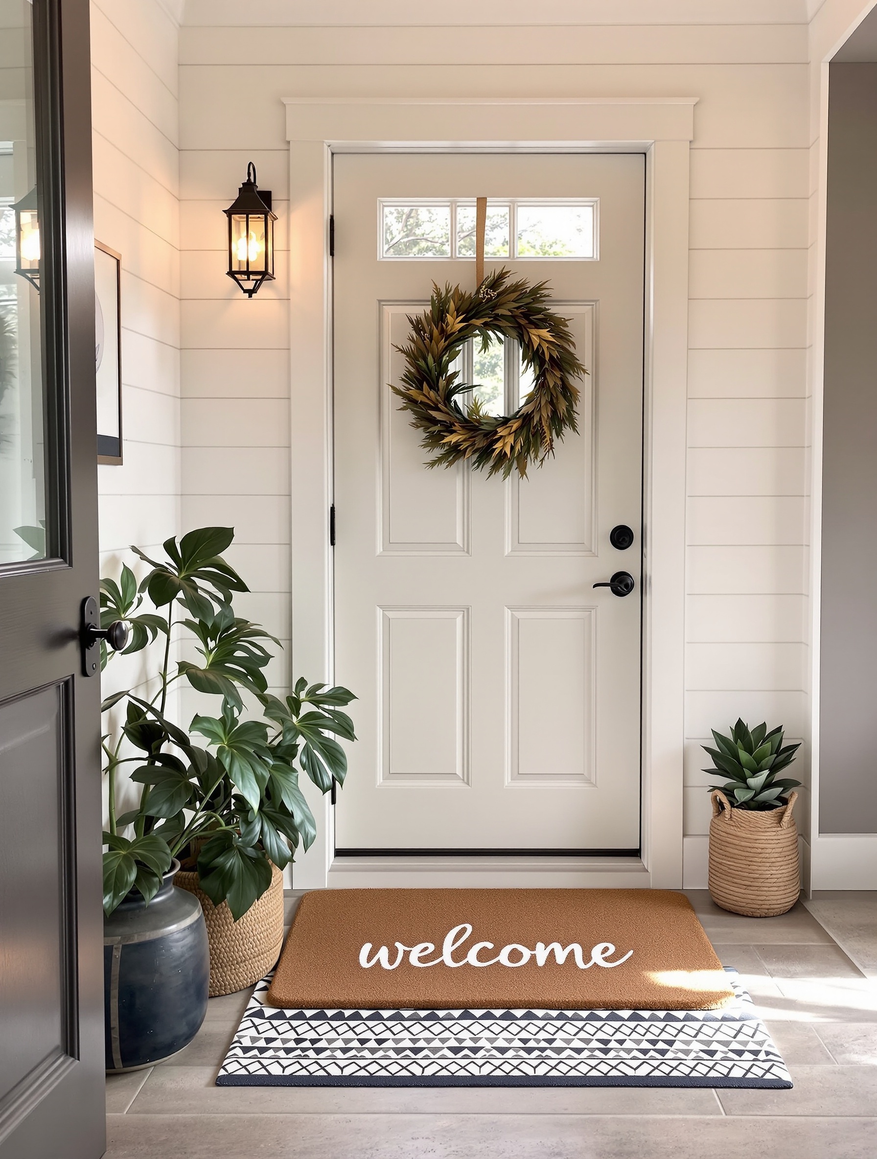 A charming entryway featuring a brown welcome mat layered over a patterned mat, with a wreath on the door and plants nearby.