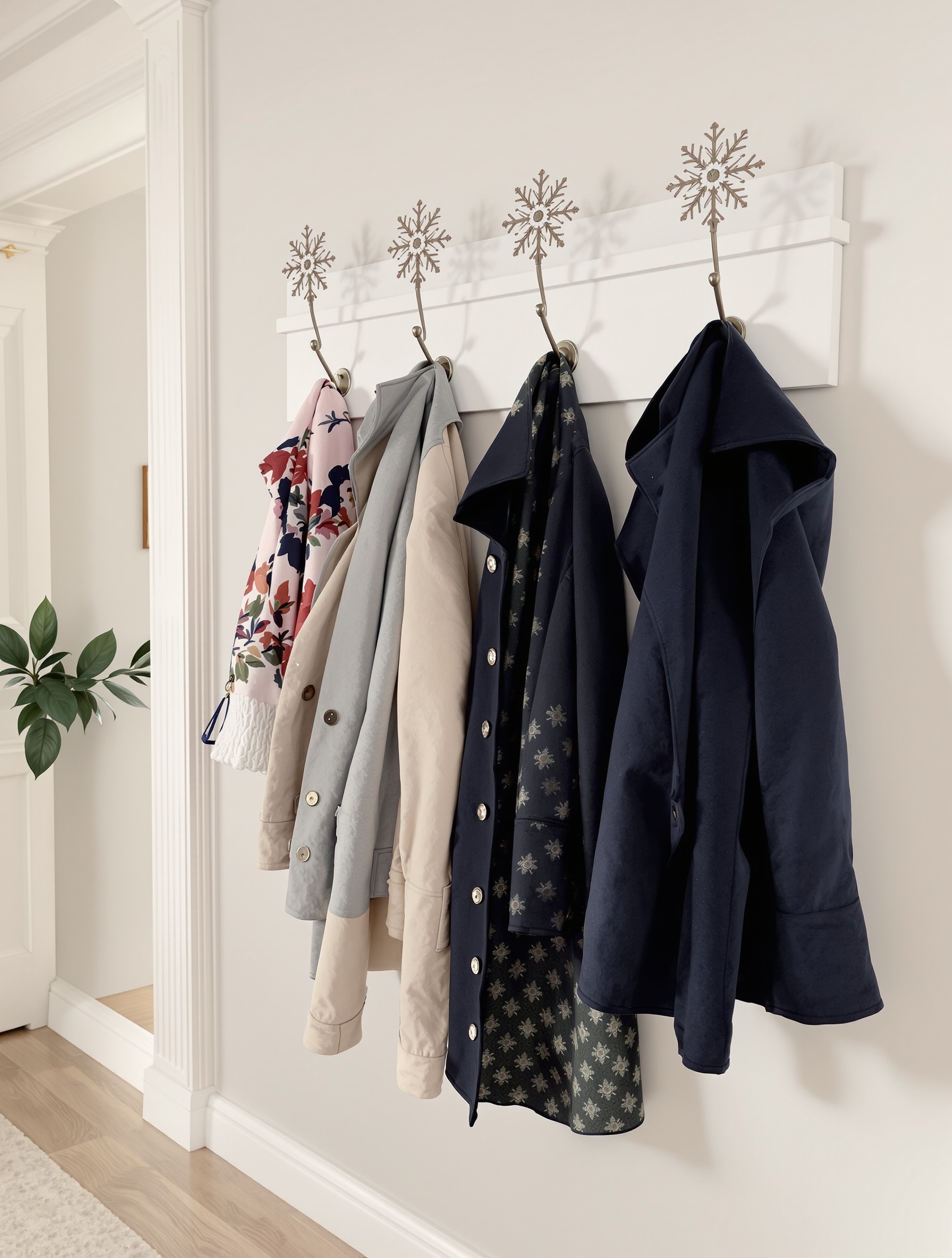 A wall-mounted coat hook with snowflake designs holding several jackets in a stylish entryway.