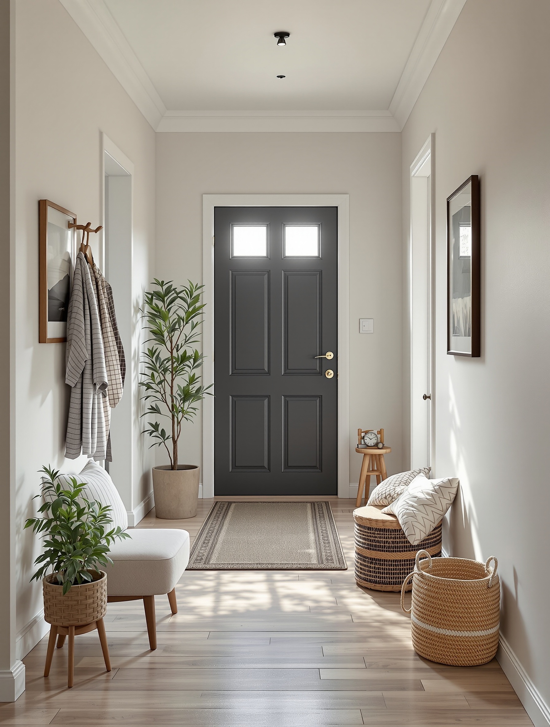 A small entryway featuring a dark door, a chair, plants, and decorative storage baskets.