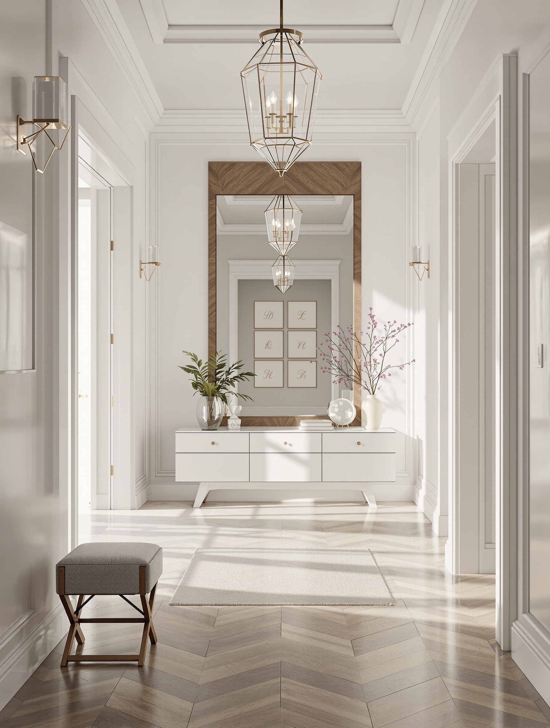 A stylish entryway featuring a large mirror, elegant light fixtures, and a chic console table.