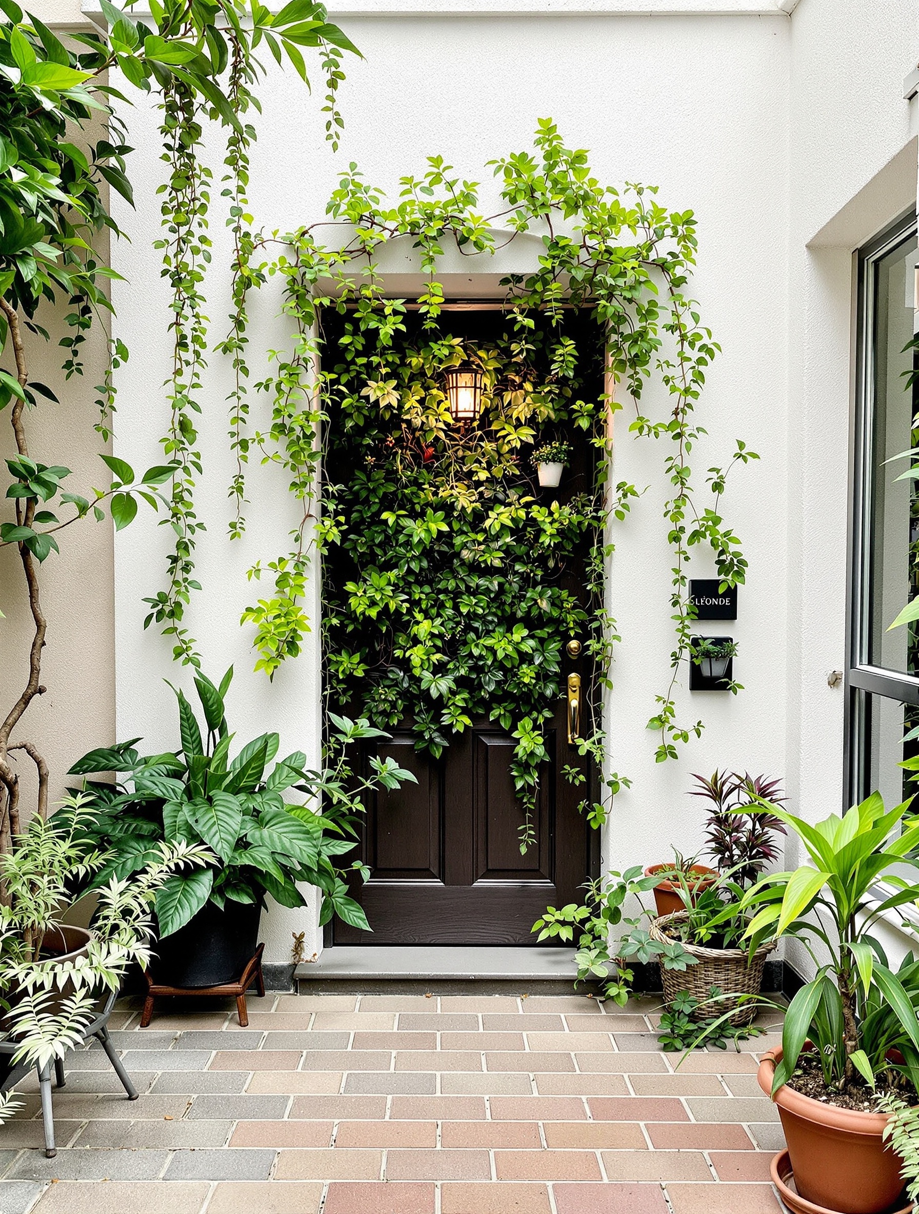 A small entryway with a vertical garden featuring lush green vines and various potted plants surrounding a dark wooden door.