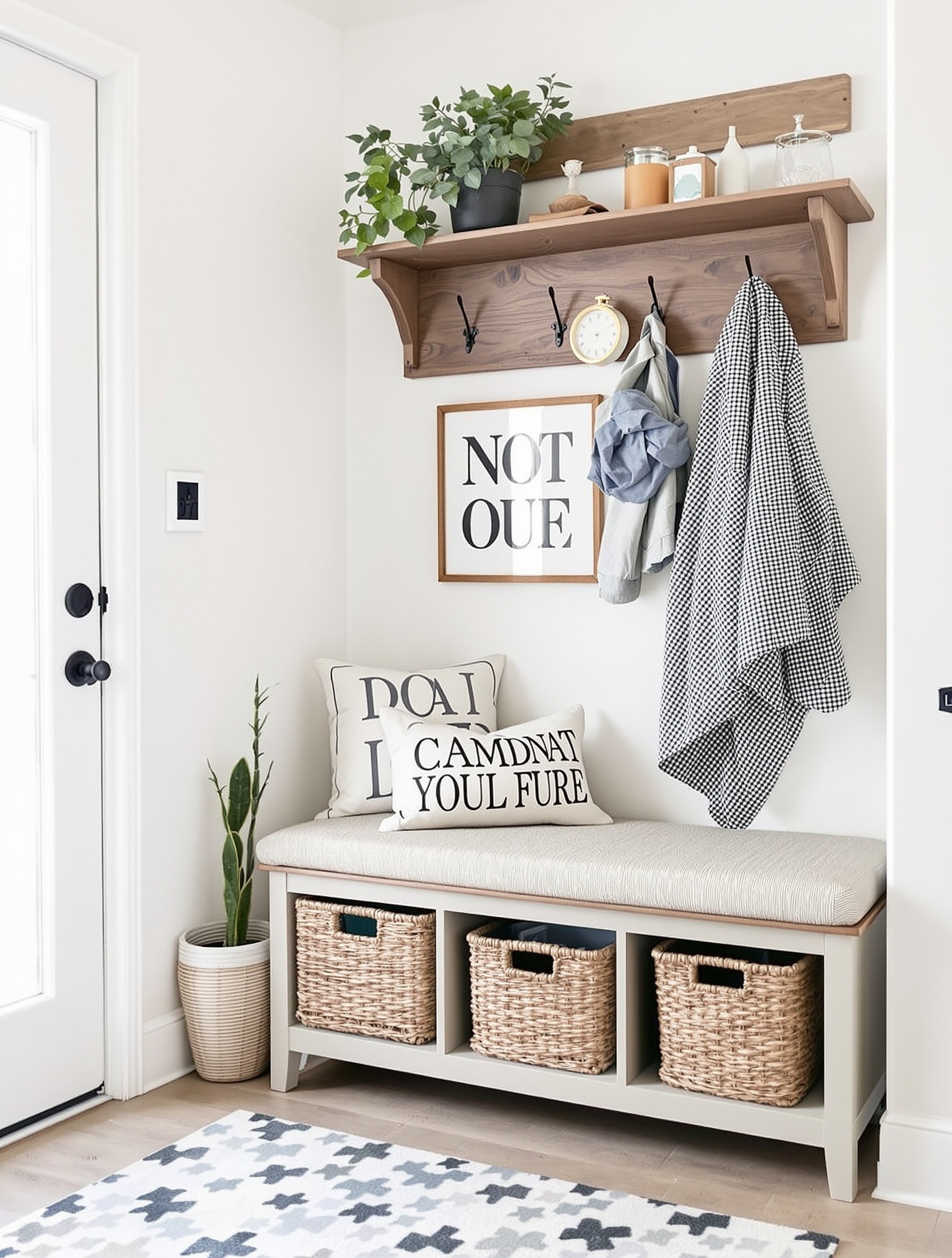 A stylish entryway with a bench, storage baskets, a wall shelf, and hooks.