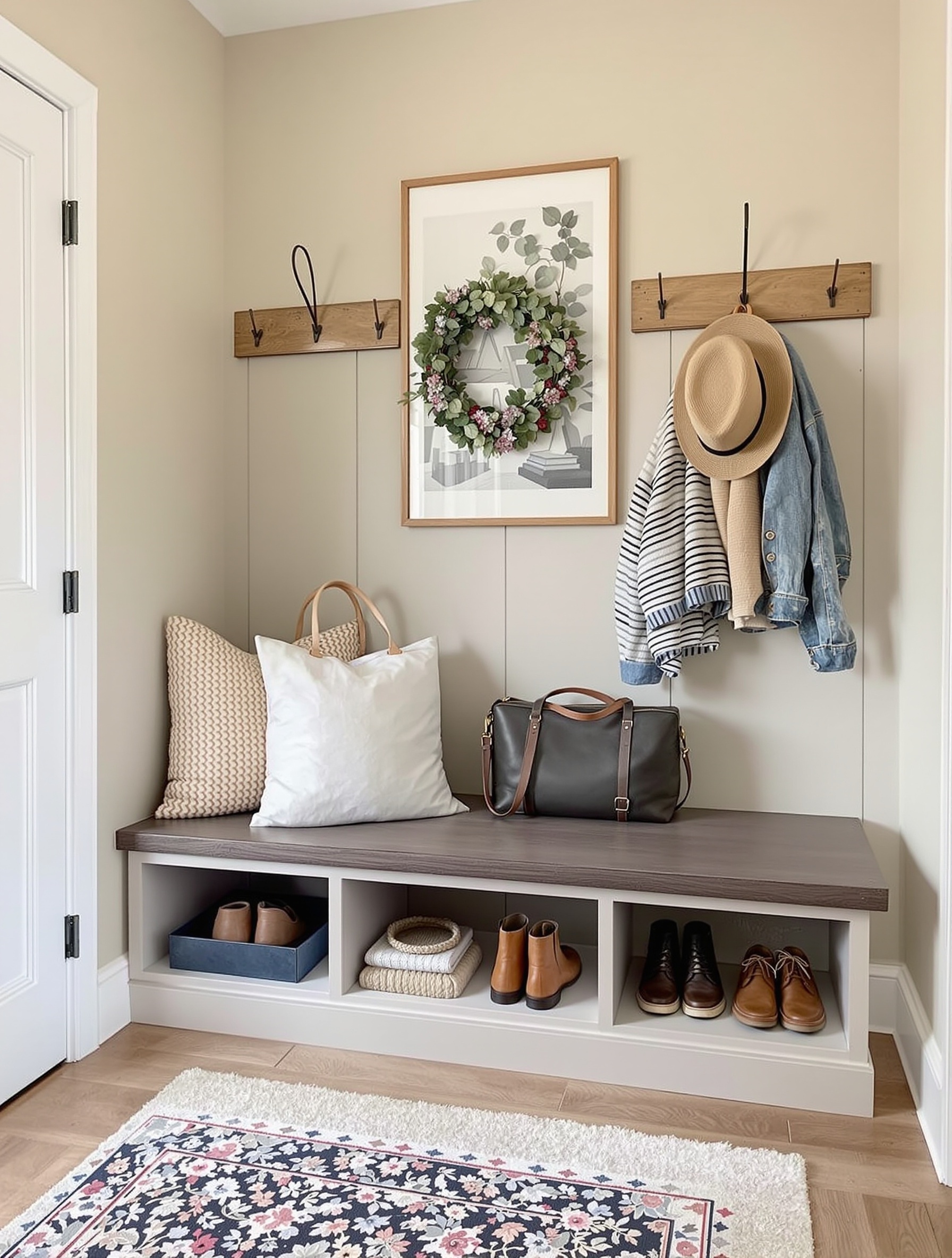 A stylish entryway with a storage bench, hooks for bags, and decorative elements.