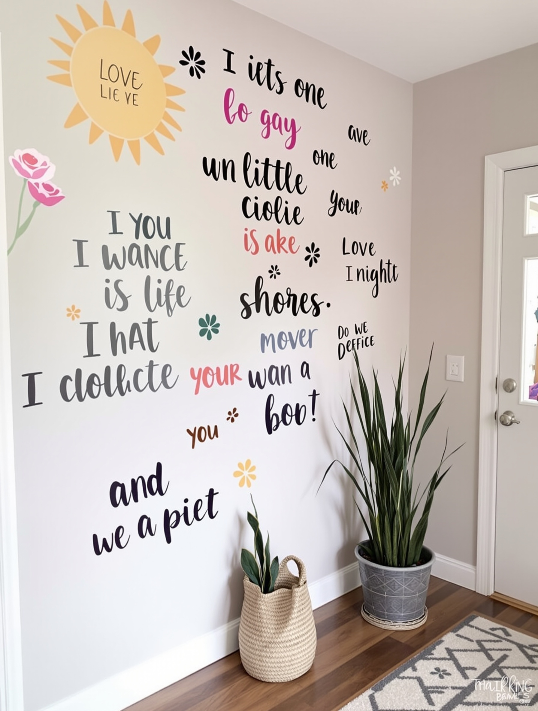 A small entryway with artistic wall decals featuring colorful text and graphics, complemented by potted plants.