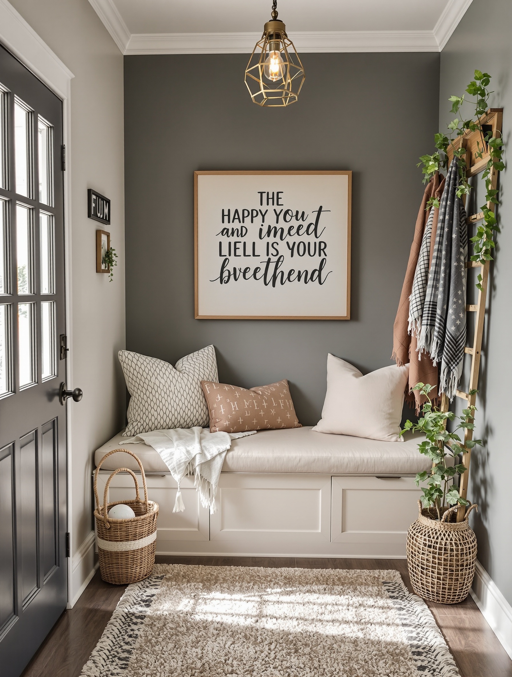 Cozy entryway seating nook with a bench, pillows, wall art, and plants.