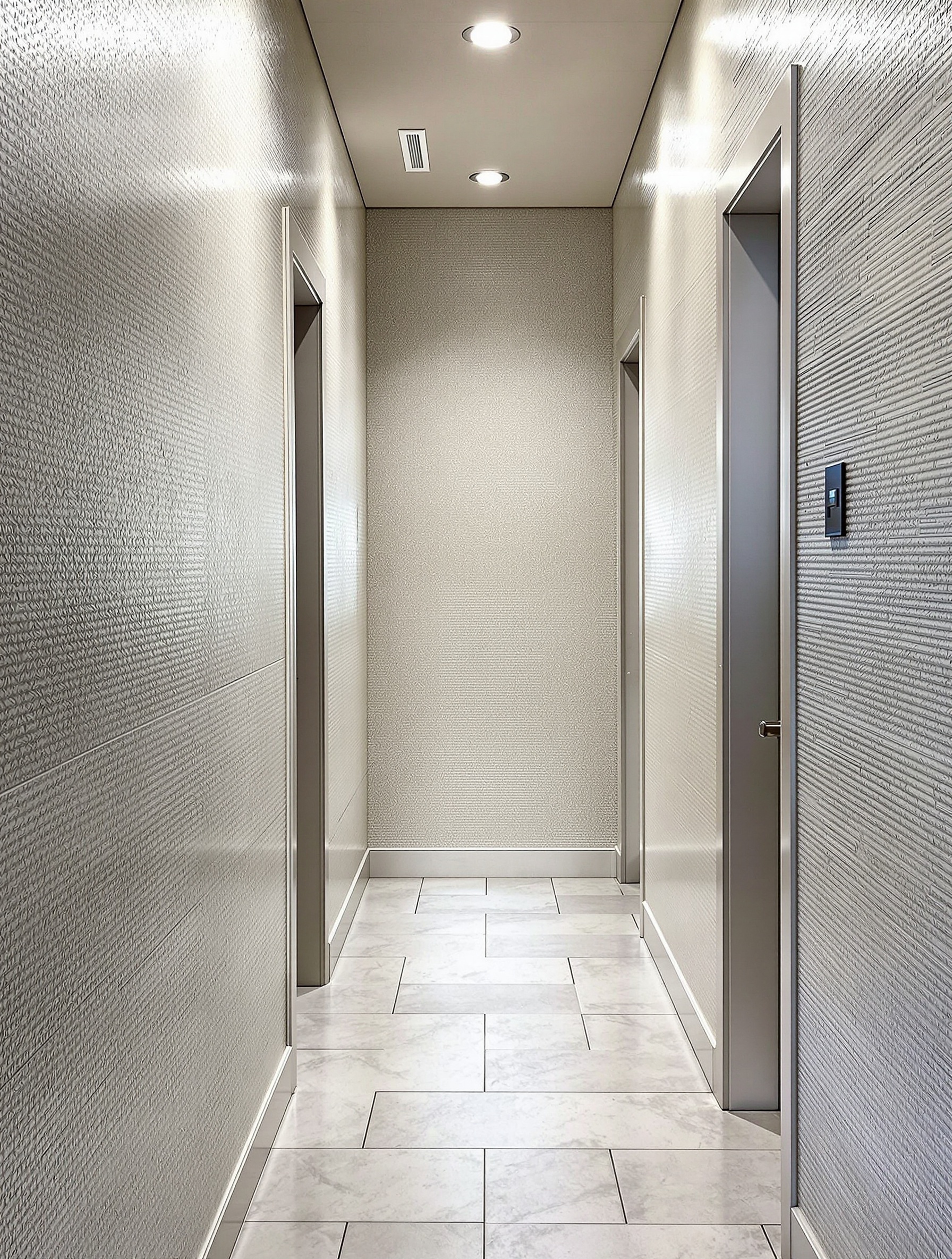 A narrow hallway with textured walls and modern doors.