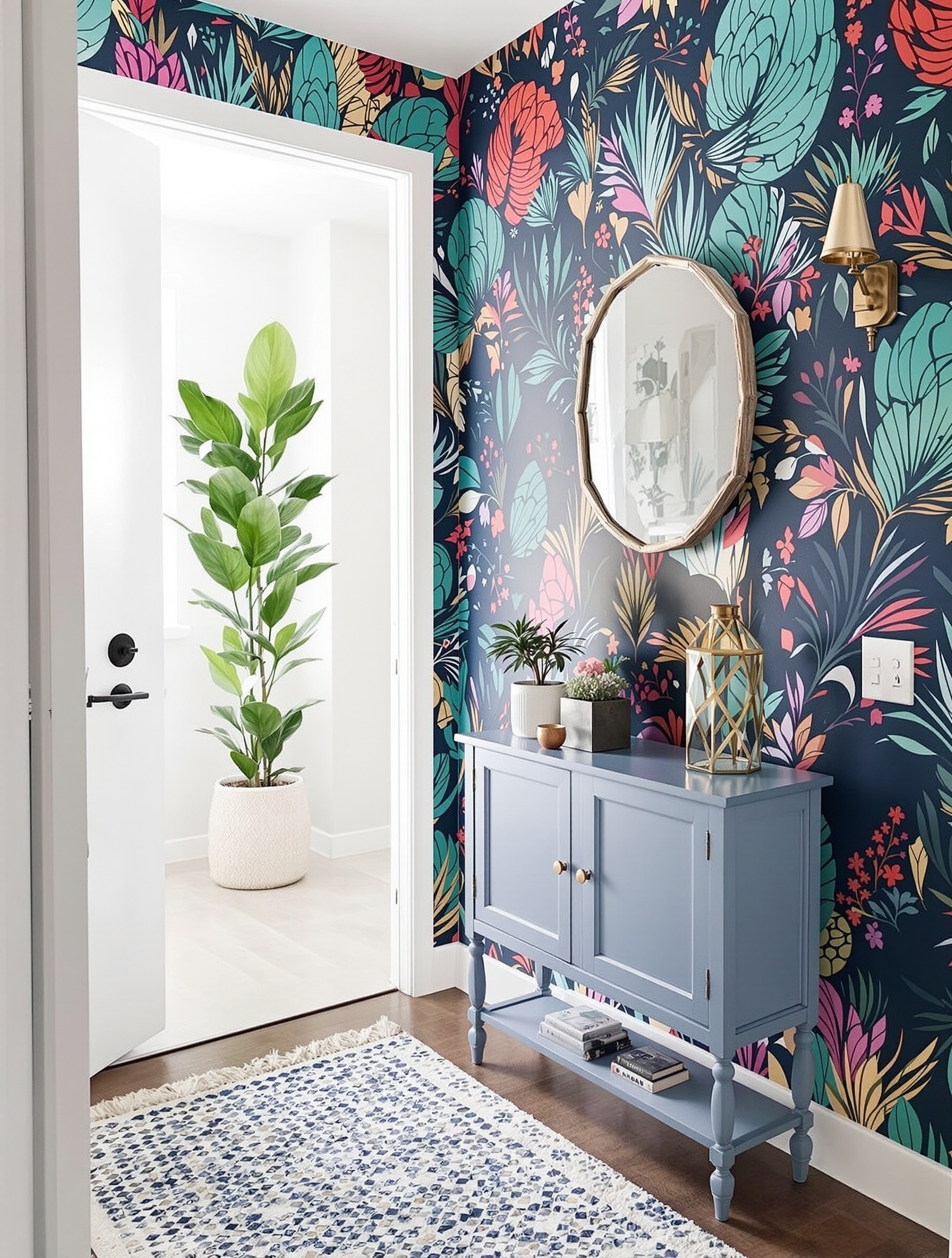 A colorful entryway with pink and orange accent walls, geometric shapes, a small console table, and plants.
