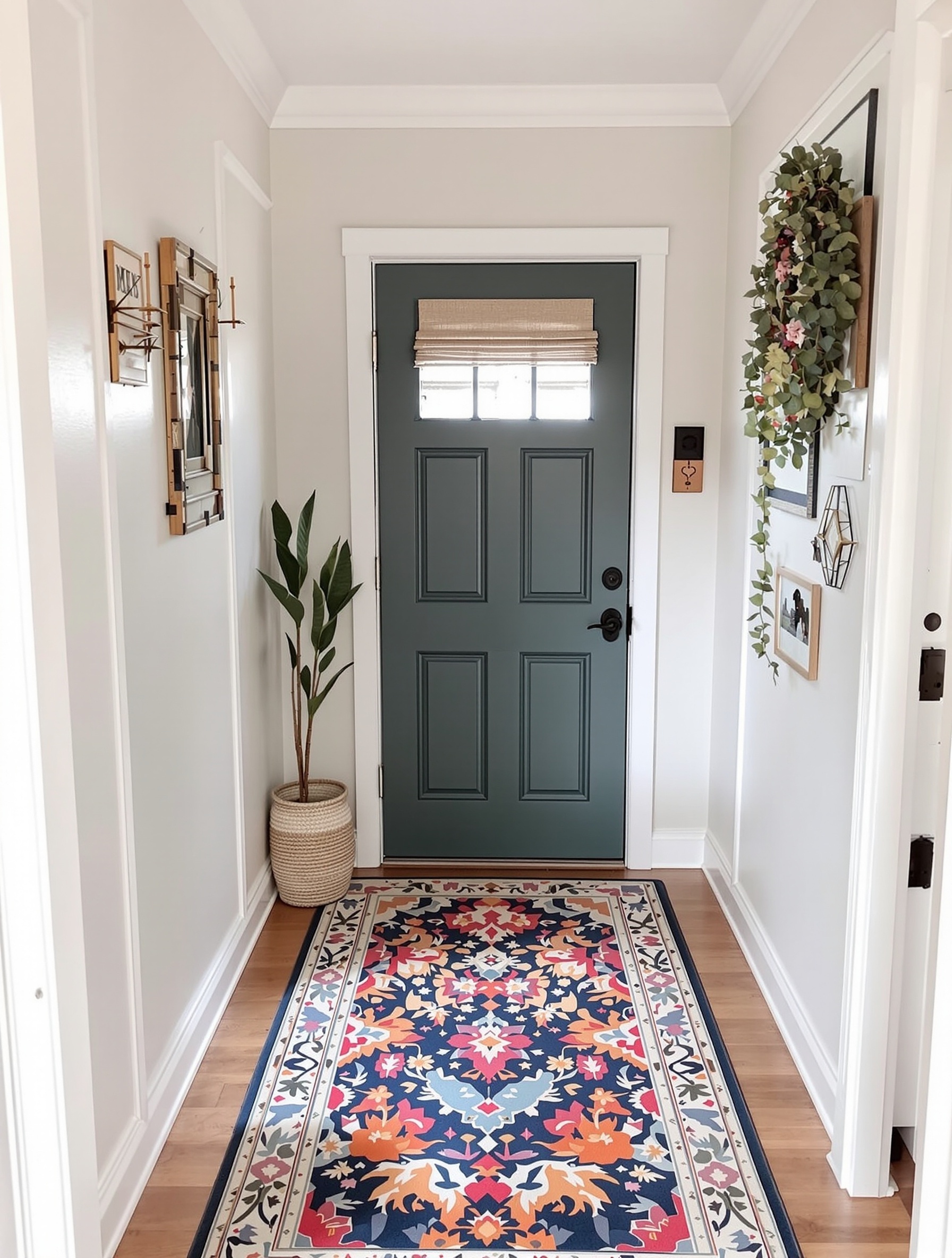 A stylish entryway featuring a colorful area rug, a green front door, and decorative elements on the walls.