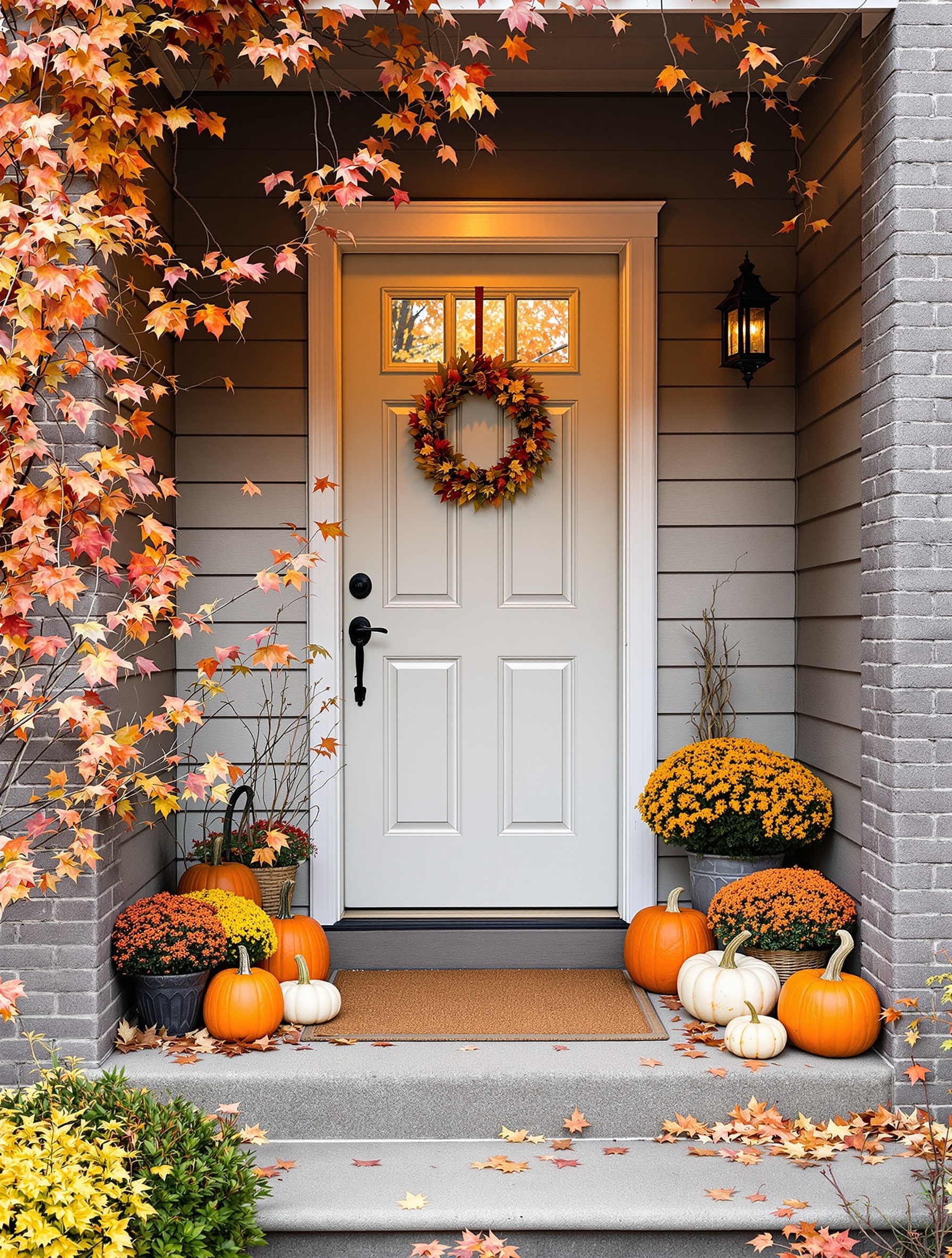 A fall-themed entryway with a wreath, pumpkins, and colorful foliage.