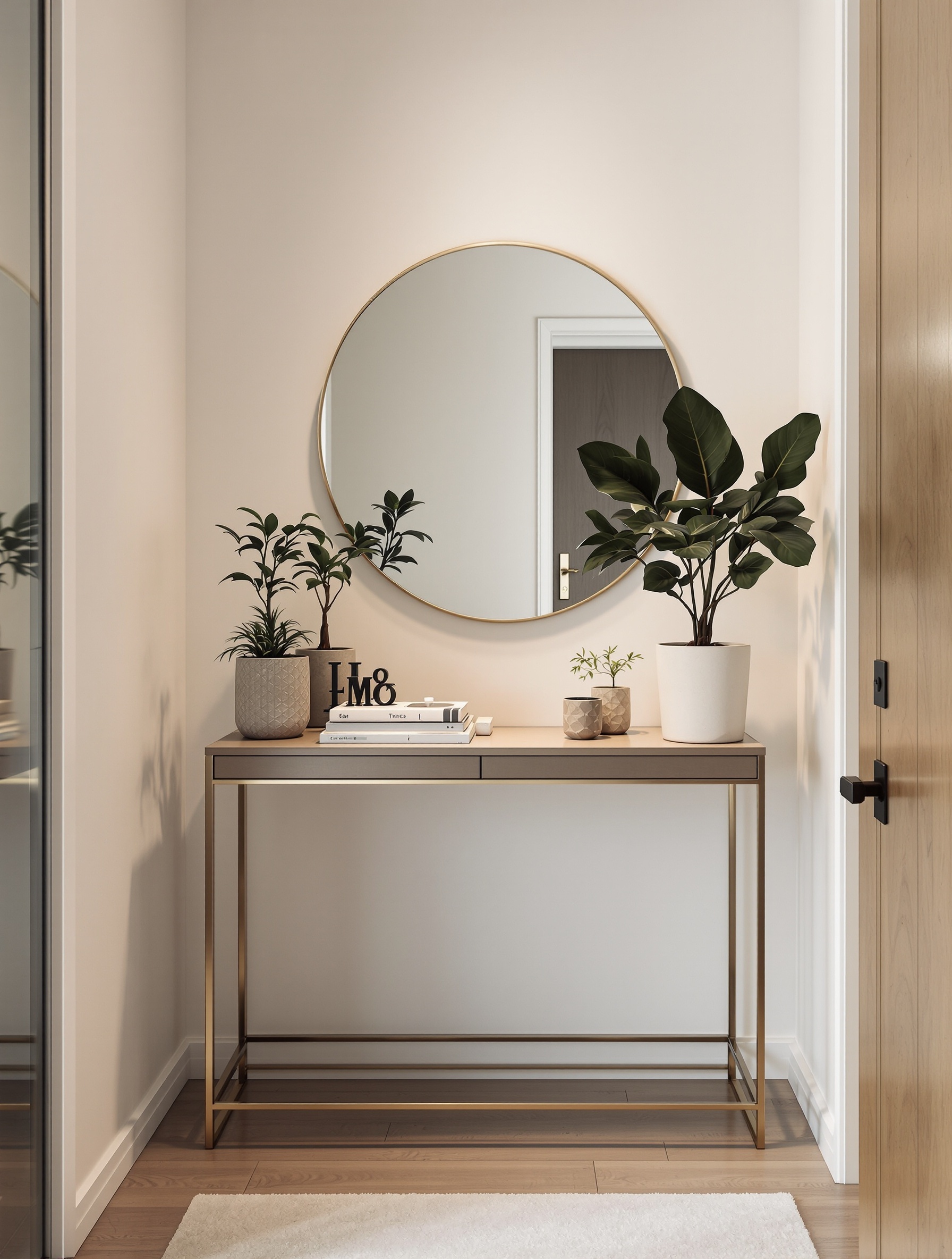 A minimalist entryway featuring a sleek console table with a round mirror above it, plants, and decorative items.