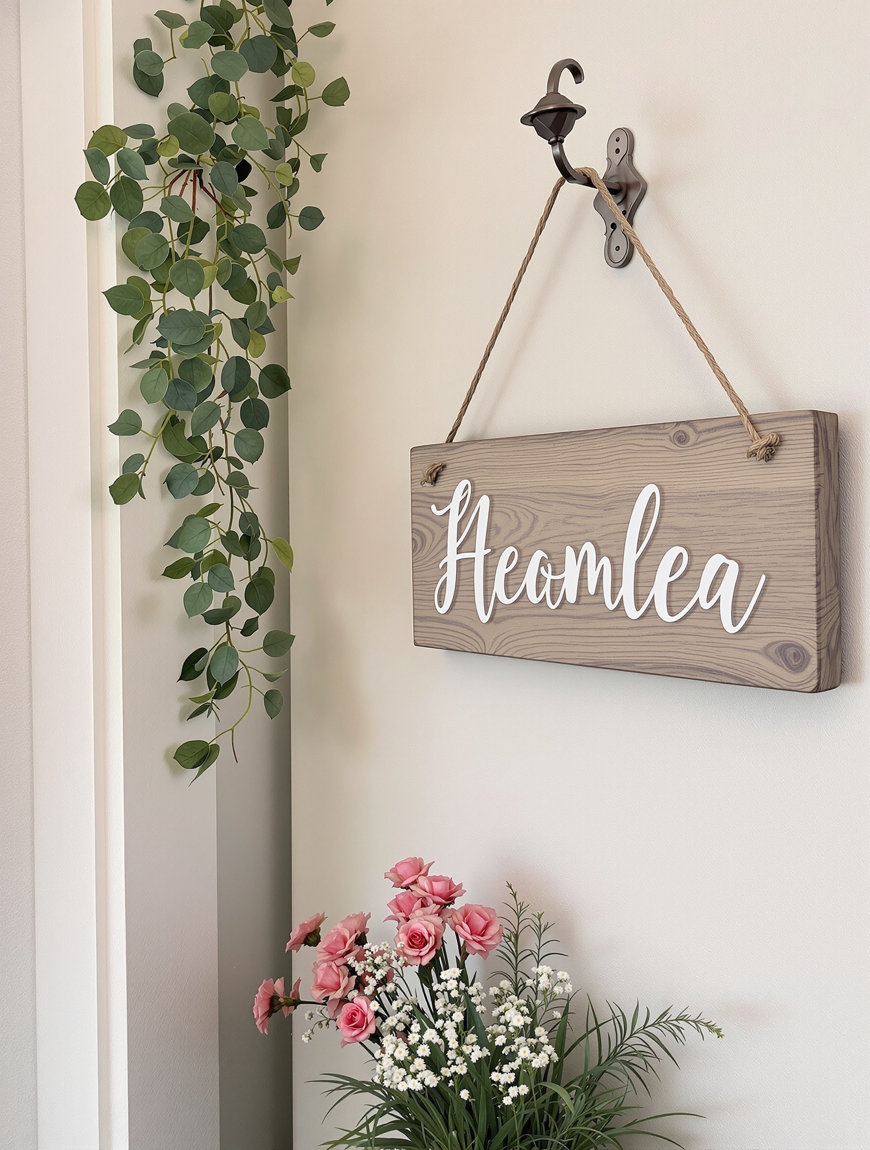 A wooden personalized name sign hanging on a wall with flowers and greenery.