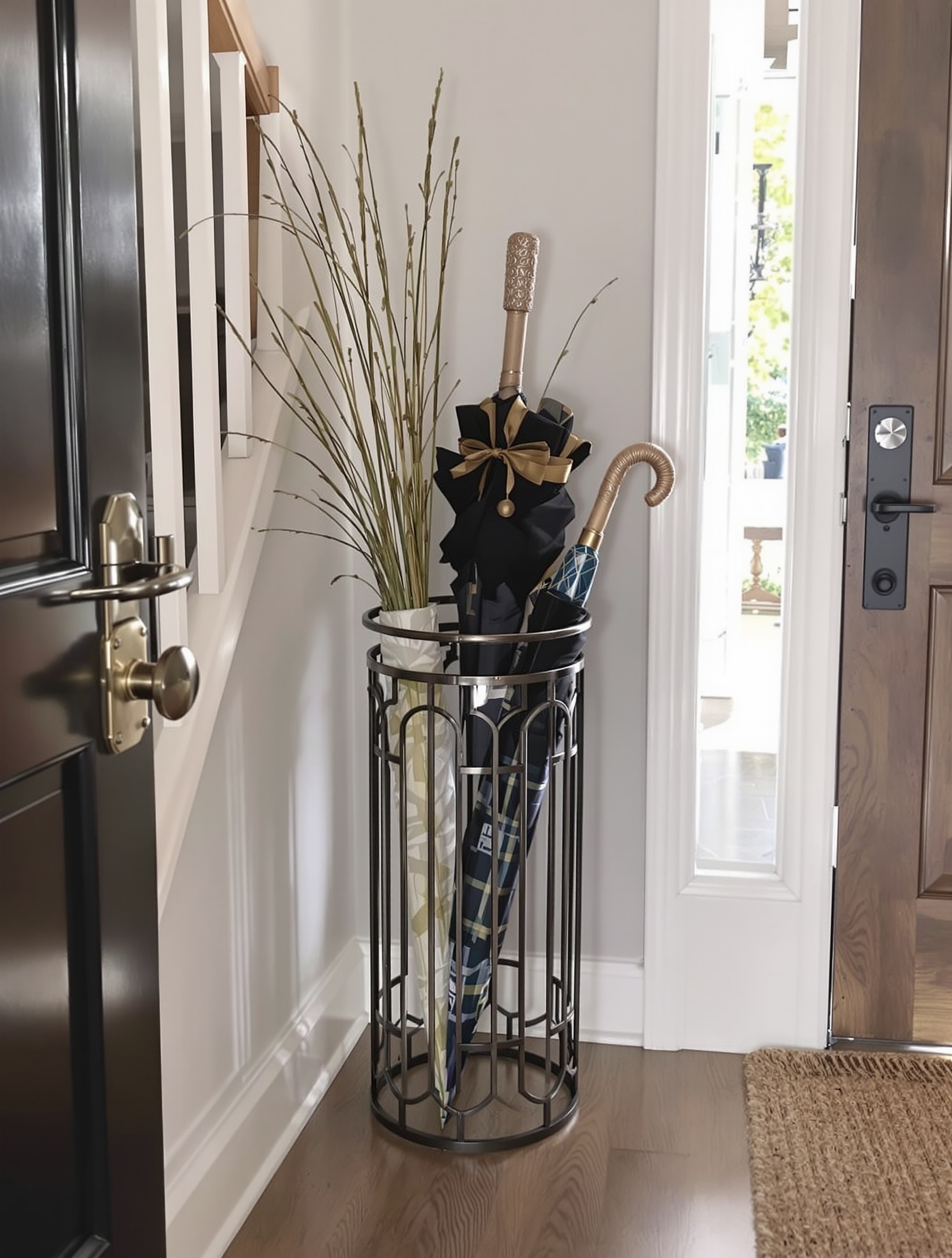 A decorative metal umbrella stand with umbrellas and decorative grasses in a small entryway.