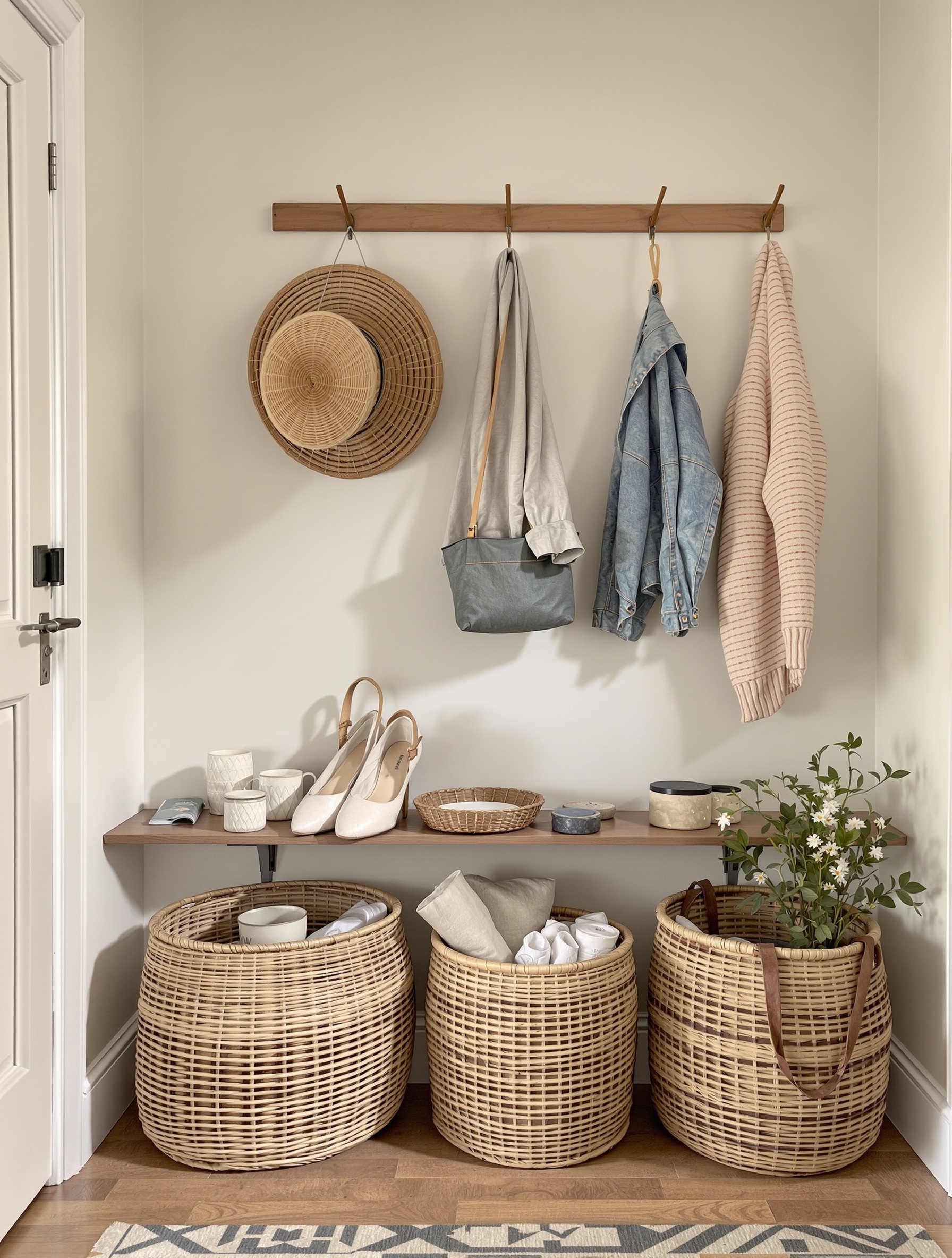 A small entryway with decorative baskets for organization, featuring woven baskets, a wooden shelf, and hanging hooks.