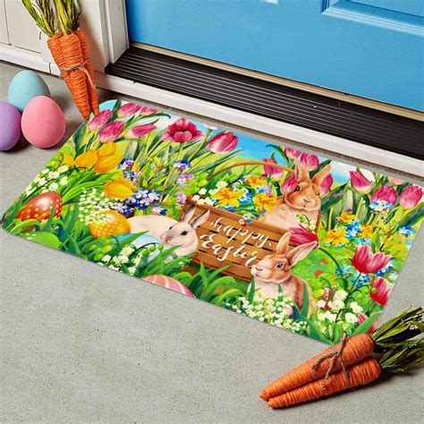 HongHeng Happy Easter Decorative Door Mat Bunny Eggs Welcome Doormat ...