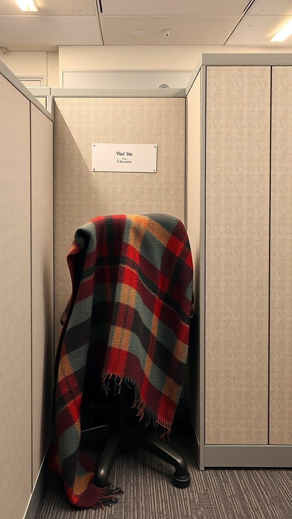 A cozy blanket draped over a chair in a cubicle, adding warmth and color.