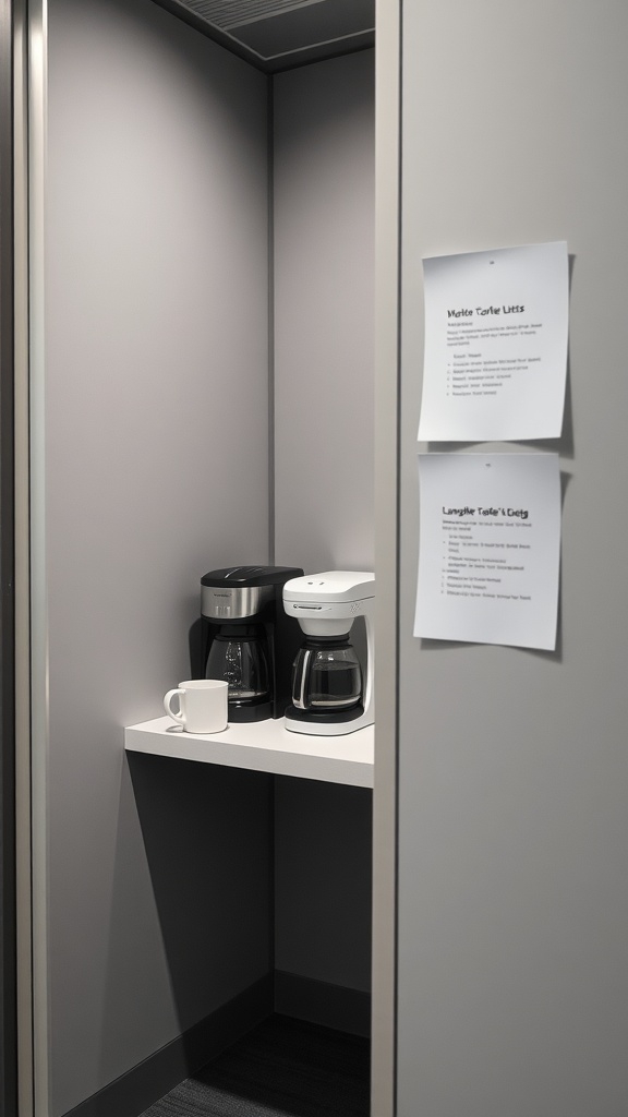 A compact coffee station with two coffee makers and a cup on a shelf in a cubicle.