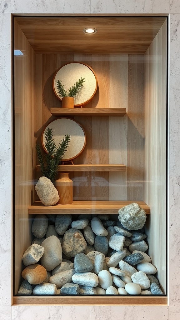 A cozy cubicle design featuring stones, wood, and plants.