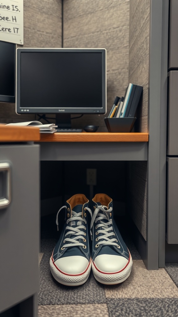 A pair of comfortable shoes placed under a desk in a cozy workspace.