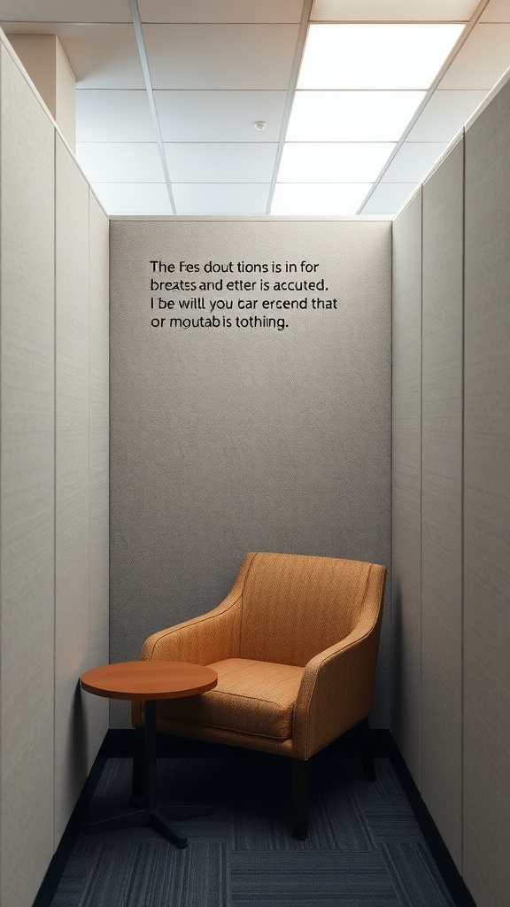 A cozy corner nook in an office cubicle with an orange chair and a small table.