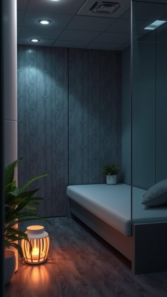 A cozy cubicle with a small speaker placed in a clean, bright space.