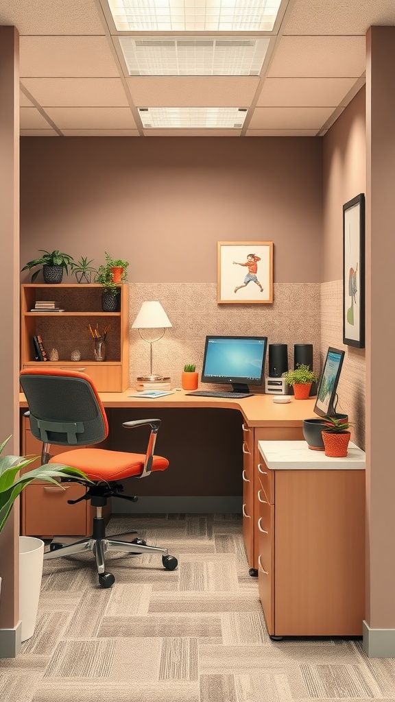 A cozy cubicle featuring soft earth tones and vibrant orange accents.
