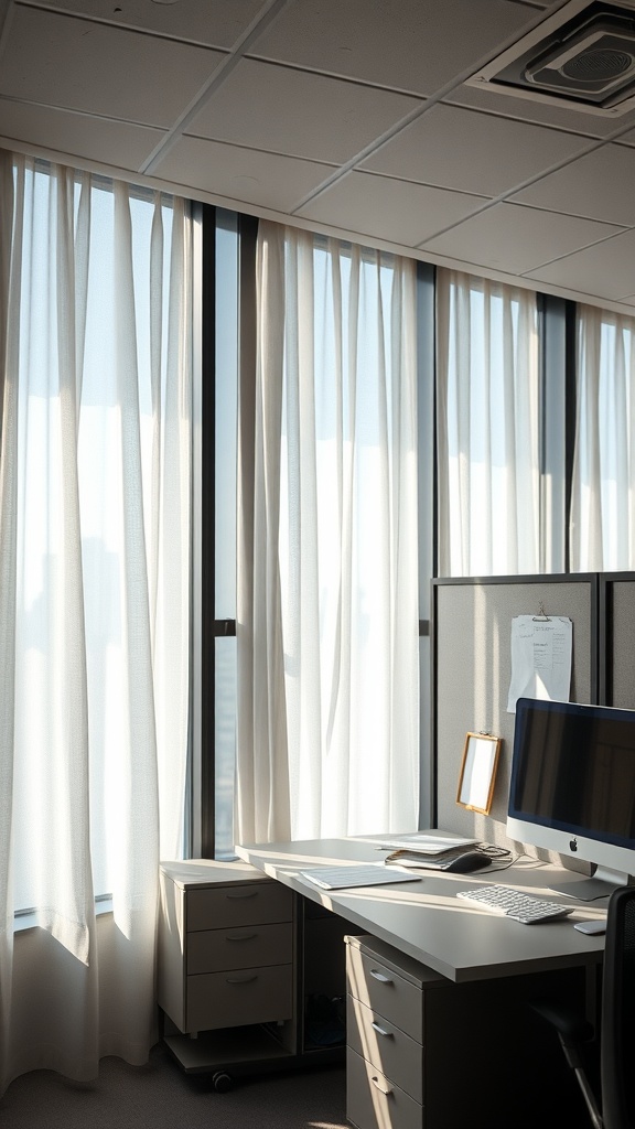 An office cubicle with large windows covered by sheer white curtains, allowing natural light to fill the space.