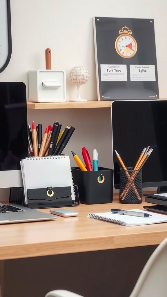 A neatly arranged desk with various functional and stylish desk organizers including pen holders, notebooks, and a small globe.