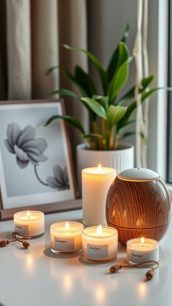 A cozy workspace with candles and a diffuser on a desk.