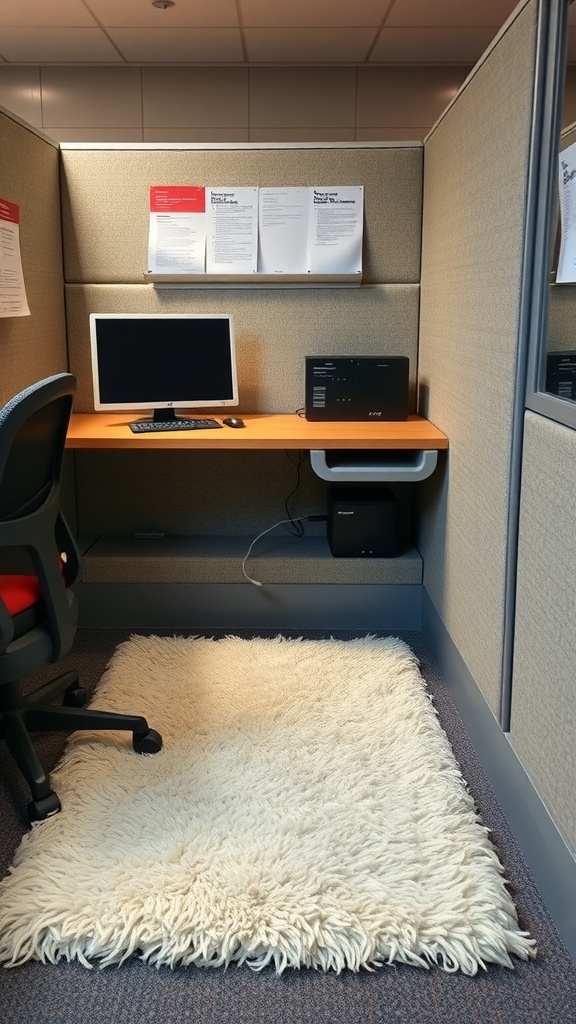 A cozy rug in a cubicle with a computer and office supplies.