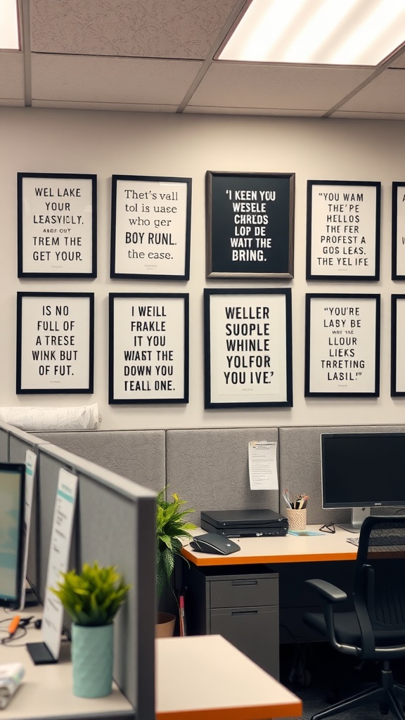A wall filled with framed inspirational quotes in an office cubicle.