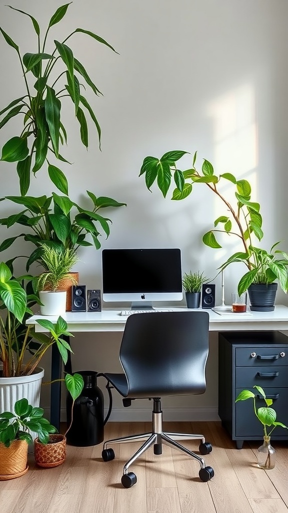A cozy desk setup with various plants in pots around a computer workstation.