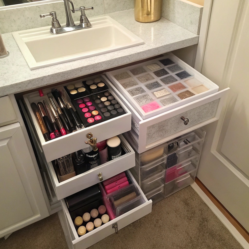 Organized under-sink makeup storage with clear bins and labeled products.